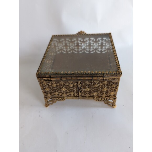 Vtg Filigree Ormolu Jewelry Box Casket Beveled Glass Hollywood Regency Gold - Picture 8 of 9